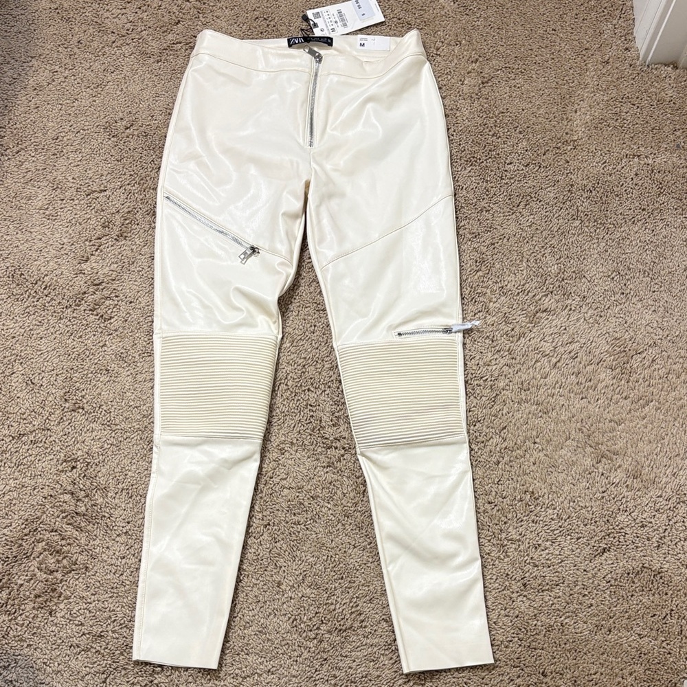 Zara Cream Faux Leather Mid-Rise Leggings